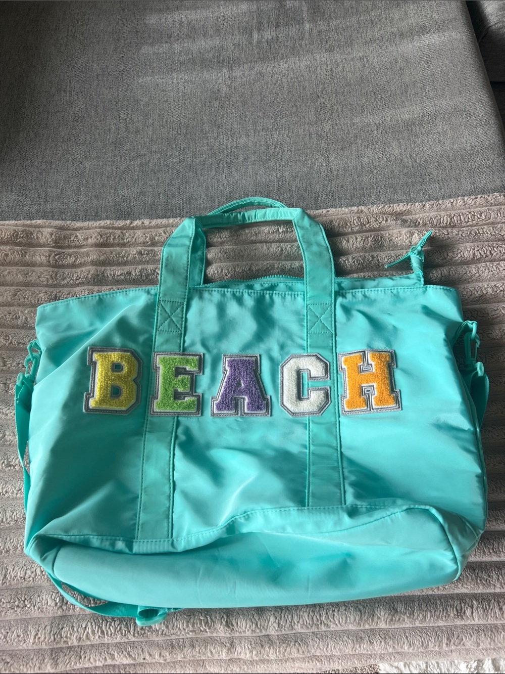 Turquoise Beach Tote with Colorful Letter Appliqué